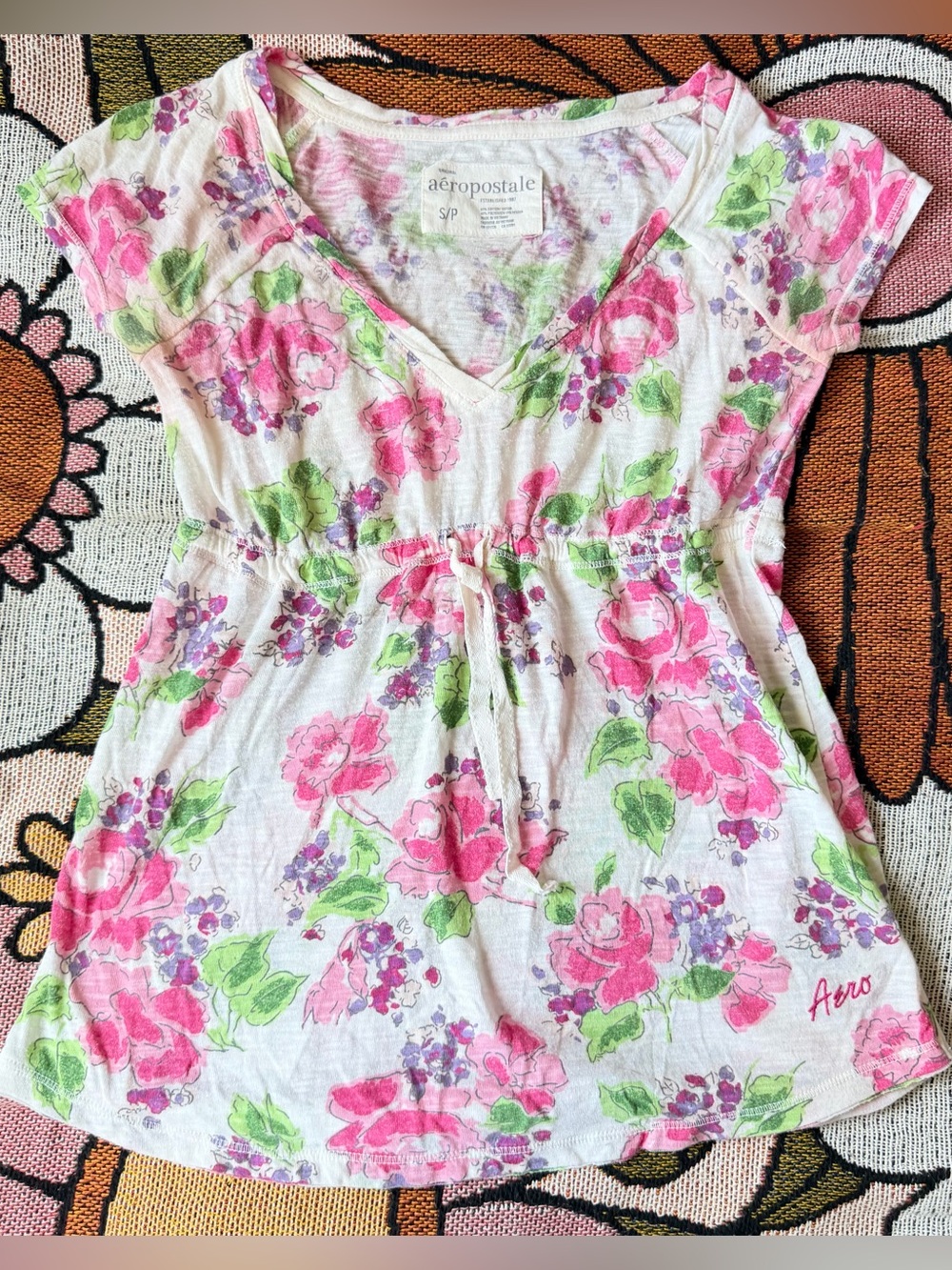 Vintage Y2K Aeropostale Babydoll Top White Pink Floral Size Small